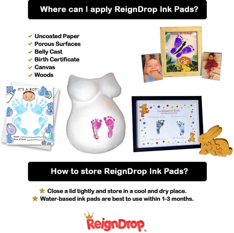 ReignDrop وسادة حبر لطباعة بصمة قدم ويد الطفل - تخلق طابع تذكاري رائع يدوم طويلاً للأطفال والرضع. مقاومة للتلطيخ، سهلة المسح عن الجلد، آمنة ولطيفة خالية من الأحماض (أسود) - Image 4